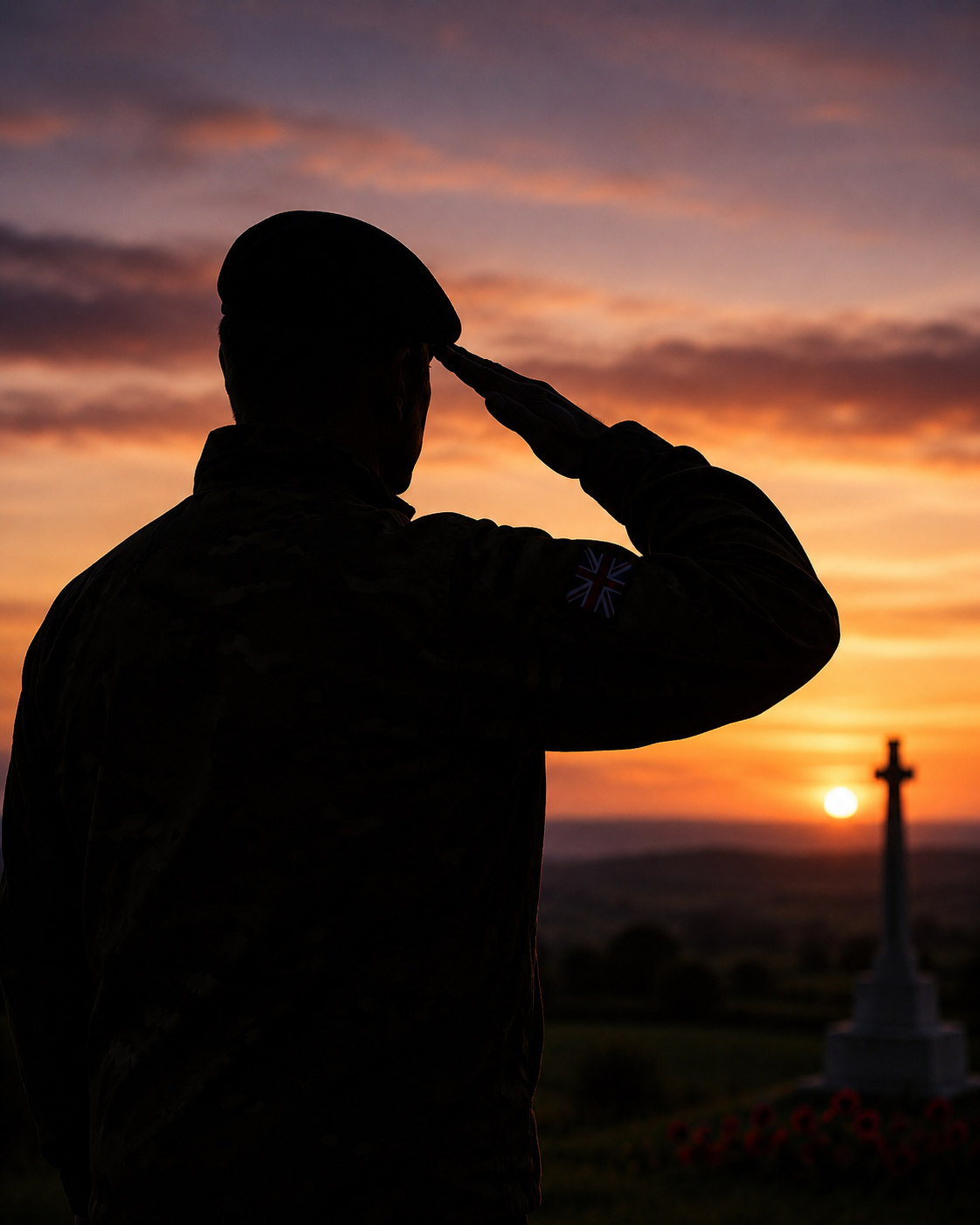 UK military veteran saluting at sunset